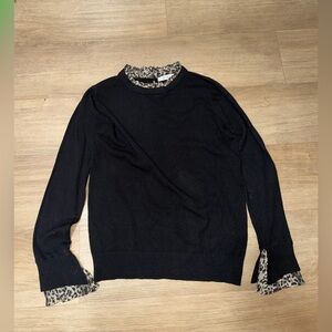 Sioni Black Top with Leopard-Print Ruffle Trim